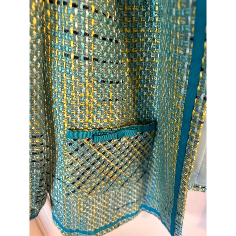 Maggie Barnes Petite‎ 22WP Tweed Open Front Jacket Turquoise Yellow Mermaidcote - Picture 3 of 12